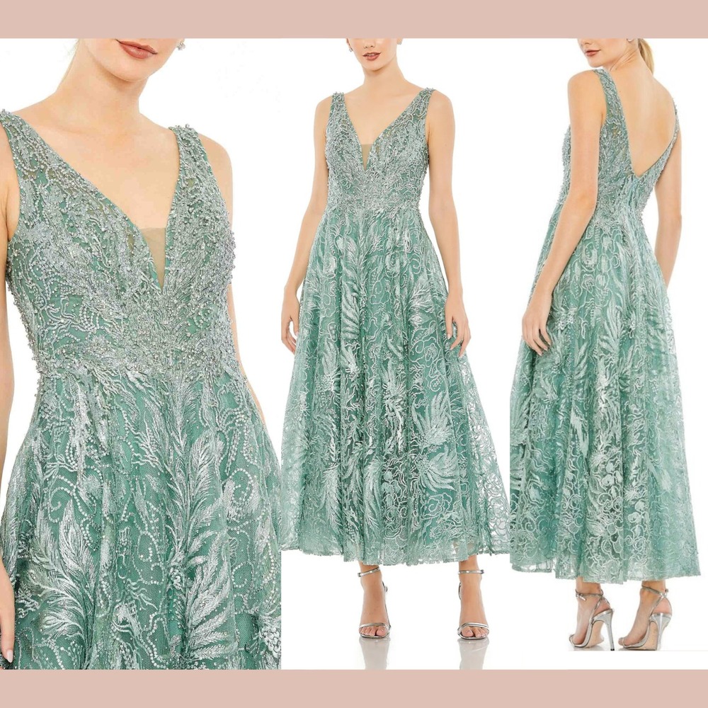 NWT Mac Duggal [ 12 ] 20422 V-Neck Floral Embroidered A-Line Dress Seafoam S1873